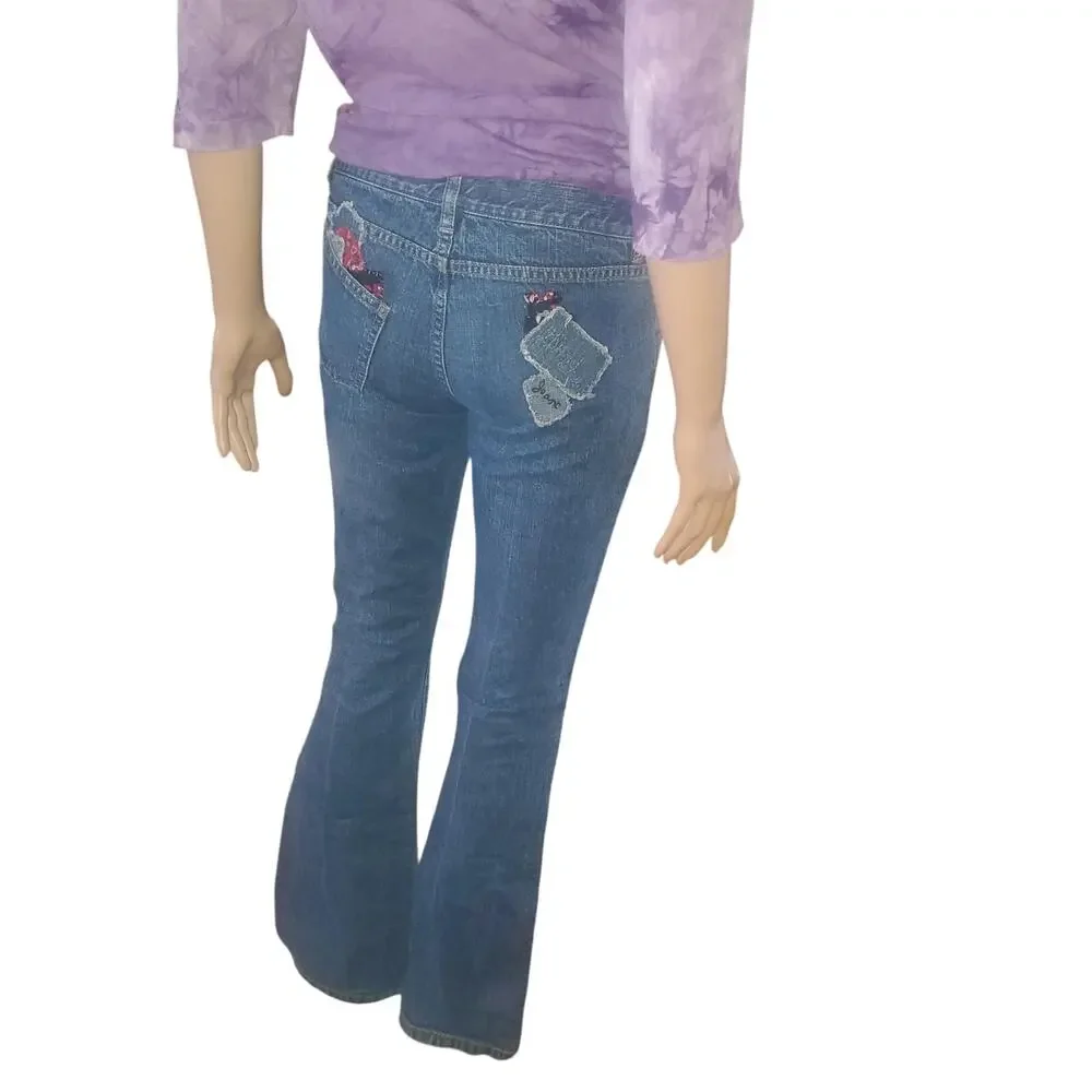 Vintage DKNY Size 1 (28x31) Boho Patchwork Low Rise Flare Jean Y2K Festival Boho